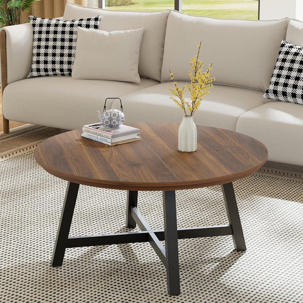 Table basse ronde industrielle Aurelio 91cm en bois et métal avec pieds ajustables