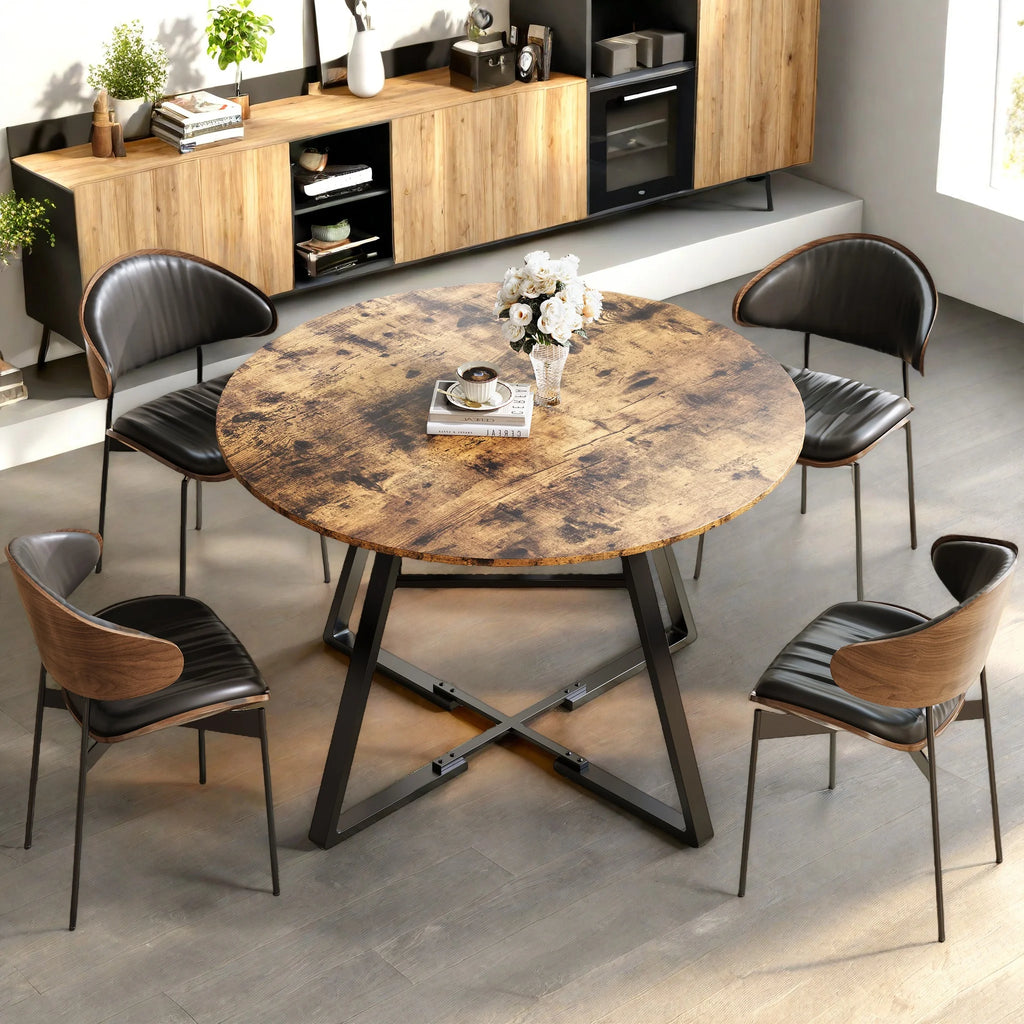 Table à manger ronde industrielle Velluto 125cm en bois avec étagère métal noir pour 4-6 personnes