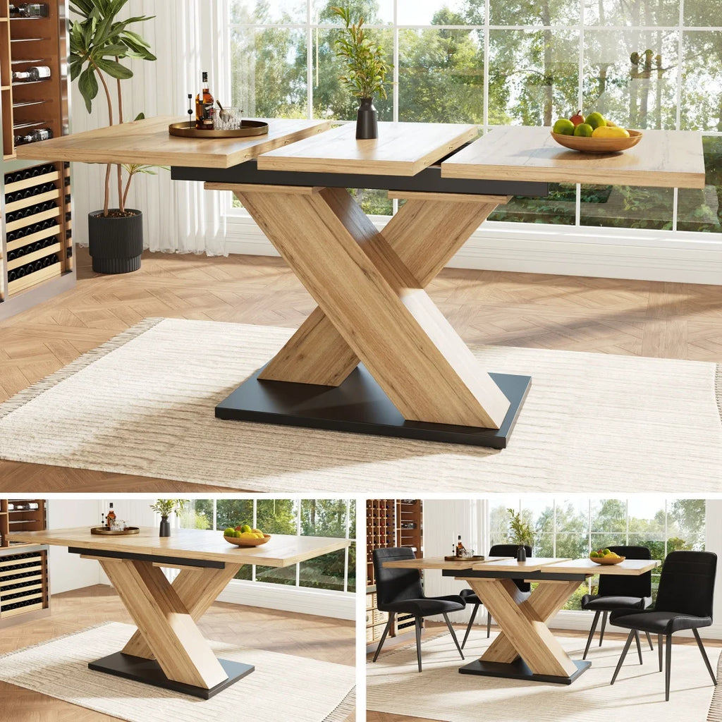 Table à manger extensible Kairn 119-158cm avec rallonge intégrée en bois naturel pour 4-8 personnes