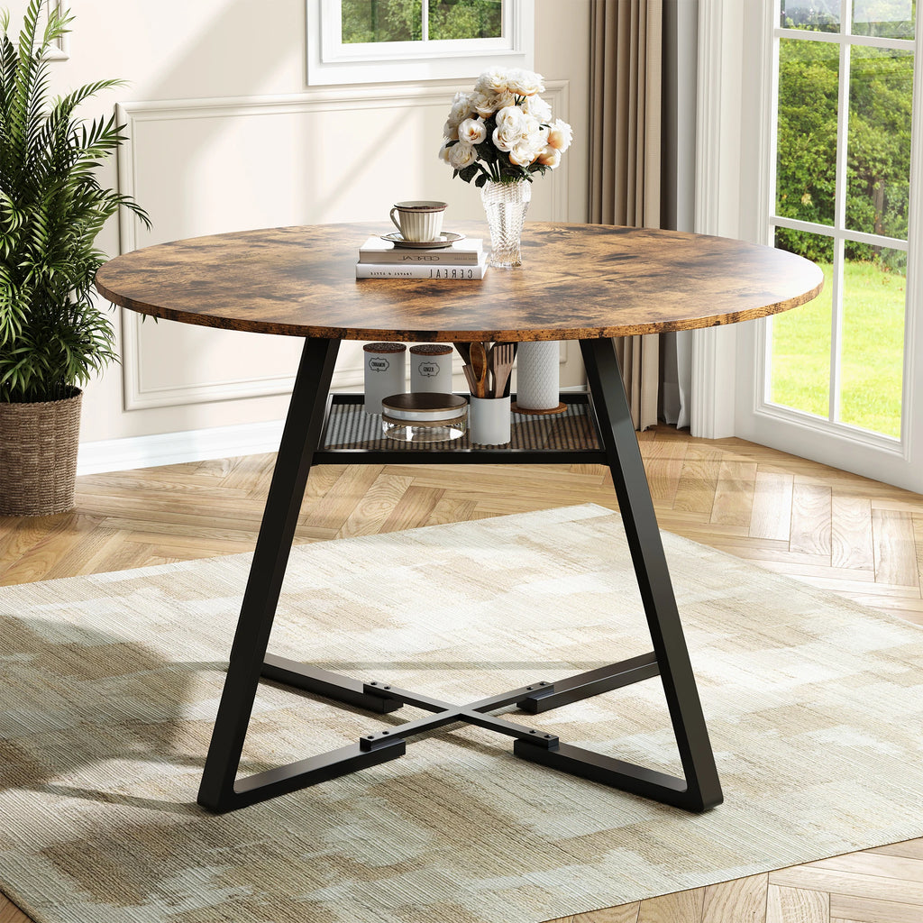 Table à manger ronde industrielle Velluto 125cm en bois avec étagère métal noir pour 4-6 personnes