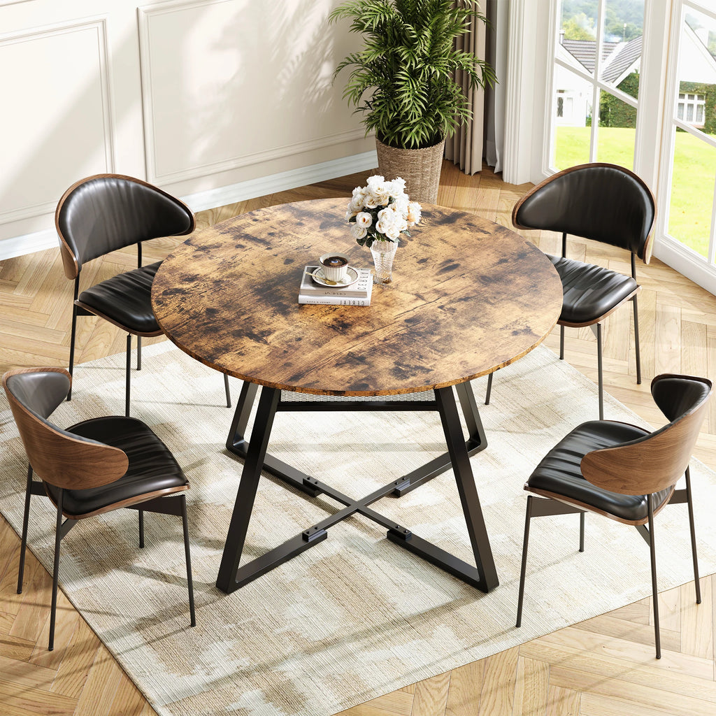 Table à manger ronde industrielle Velluto 125cm en bois avec étagère métal noir pour 4-6 personnes