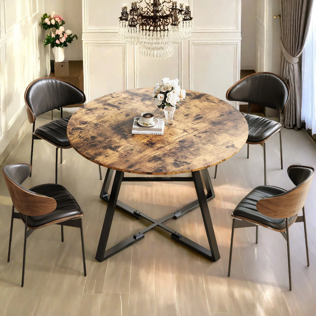 Table à manger ronde industrielle Velluto 125cm en bois avec étagère métal noir pour 4-6 personnes