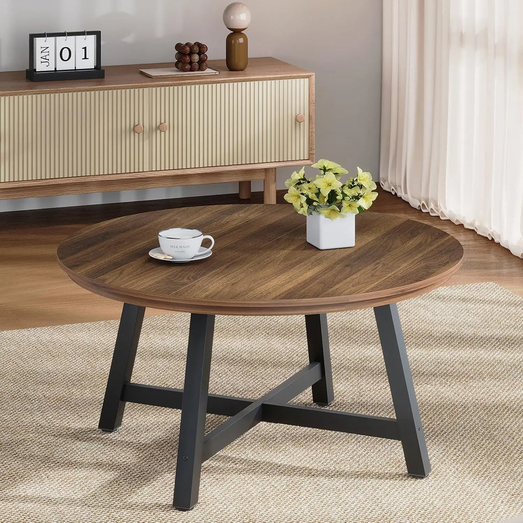 Table basse ronde industrielle Aurelio 91cm en bois et métal avec pieds ajustables