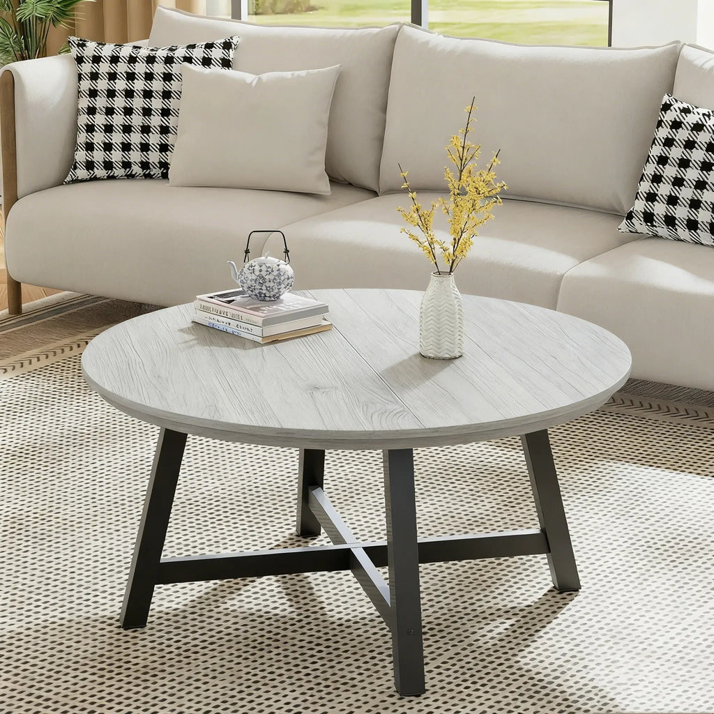 Table basse ronde industrielle Aurelio 91cm en bois et métal avec pieds ajustables