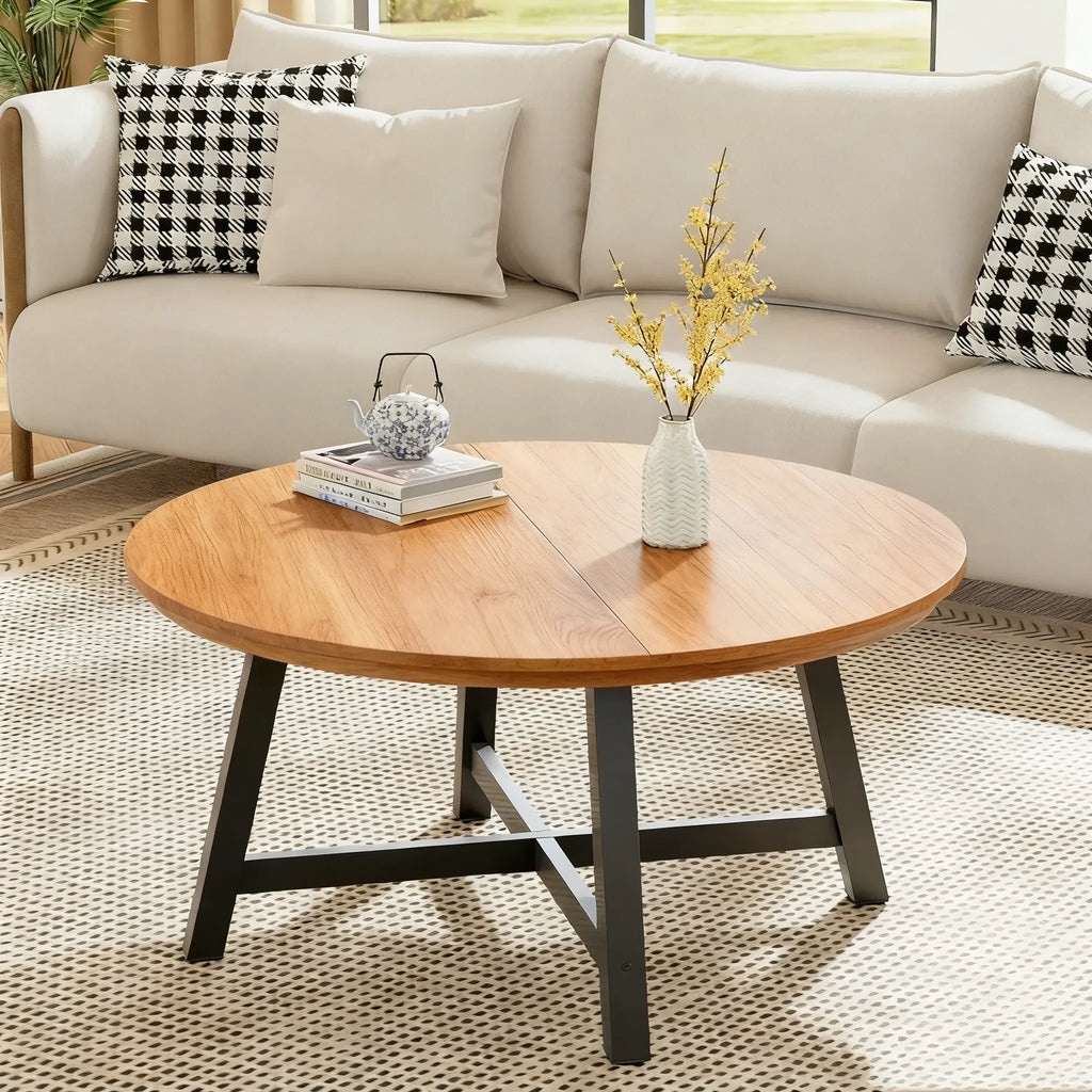 Table basse ronde industrielle Aurelio 91cm en bois et métal avec pieds ajustables