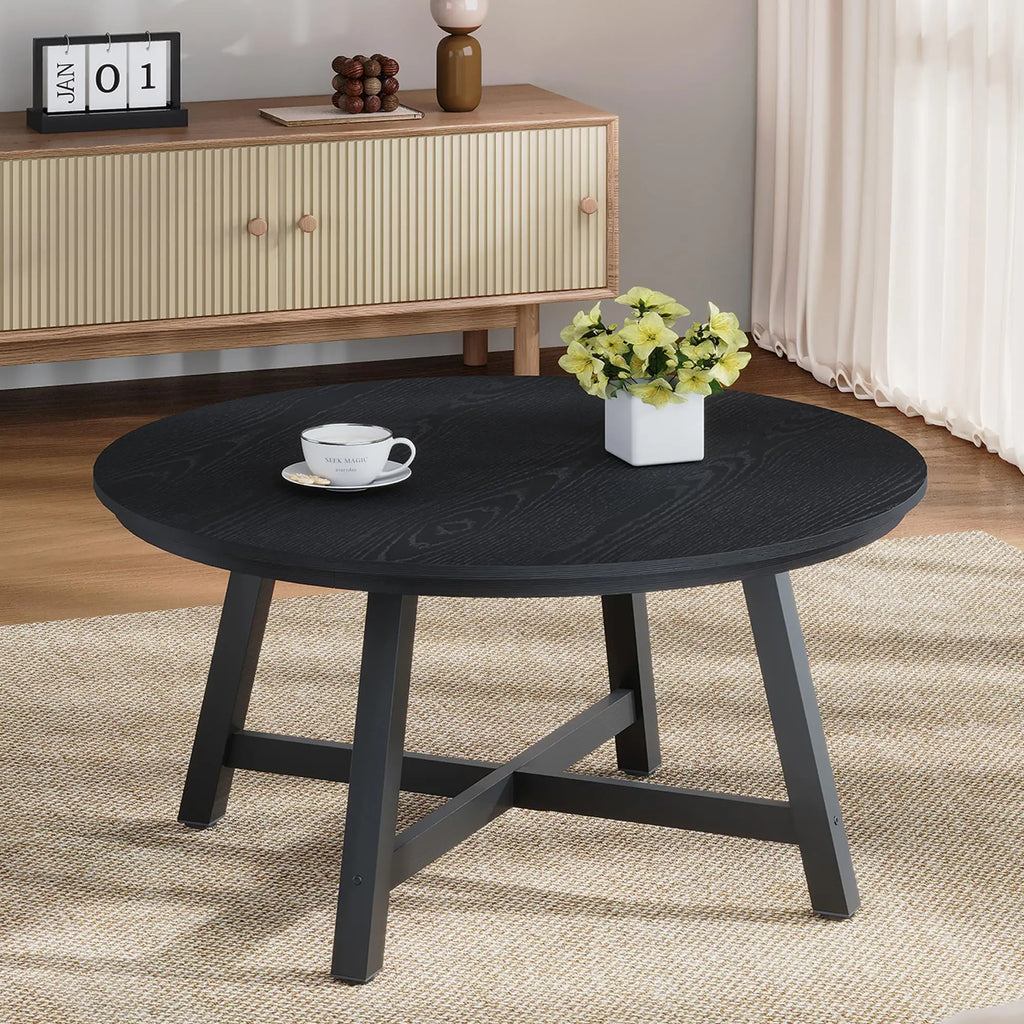 Table basse ronde industrielle Aurelio 91cm en bois et métal avec pieds ajustables