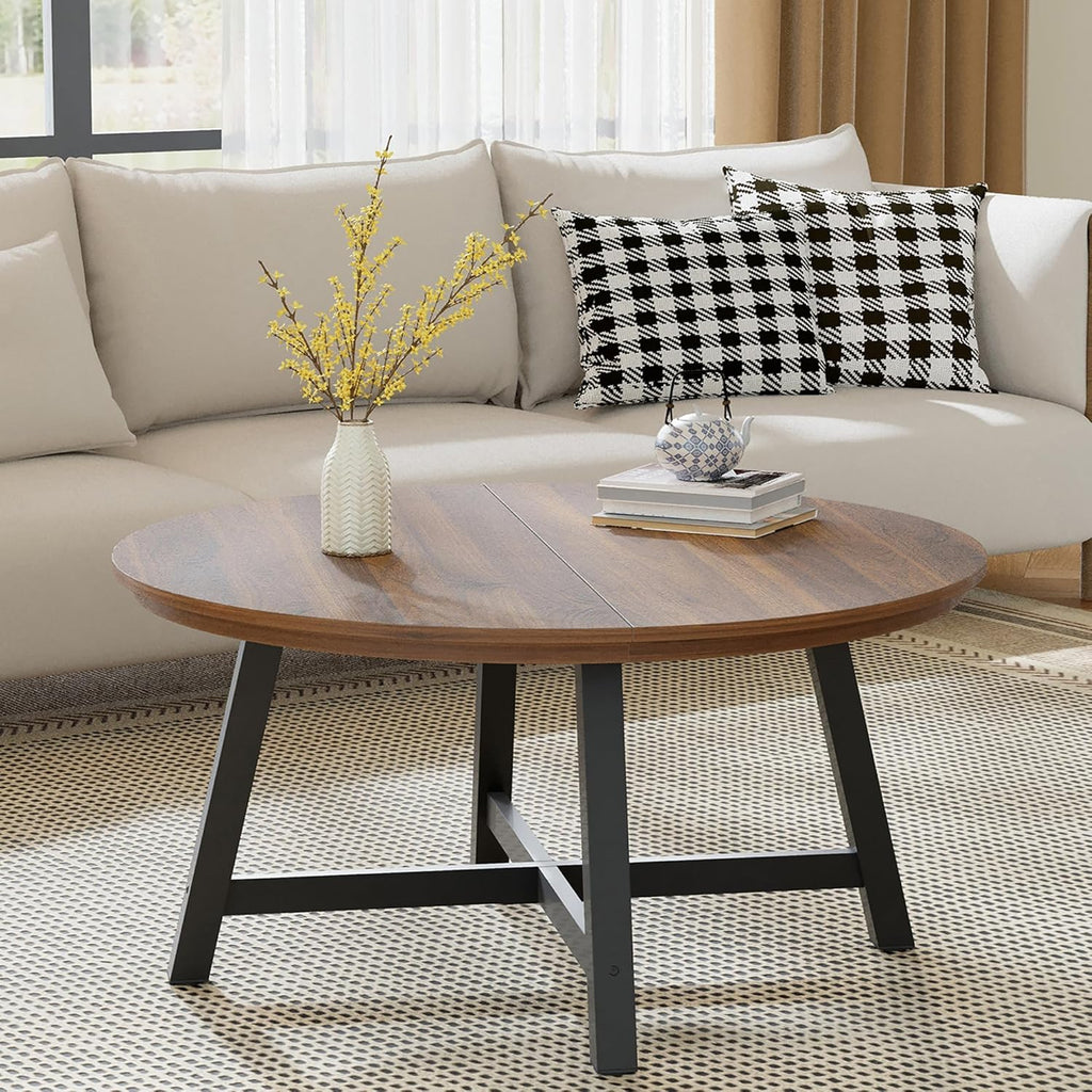 Table basse ronde industrielle Aurelio 91cm en bois et métal avec pieds ajustables